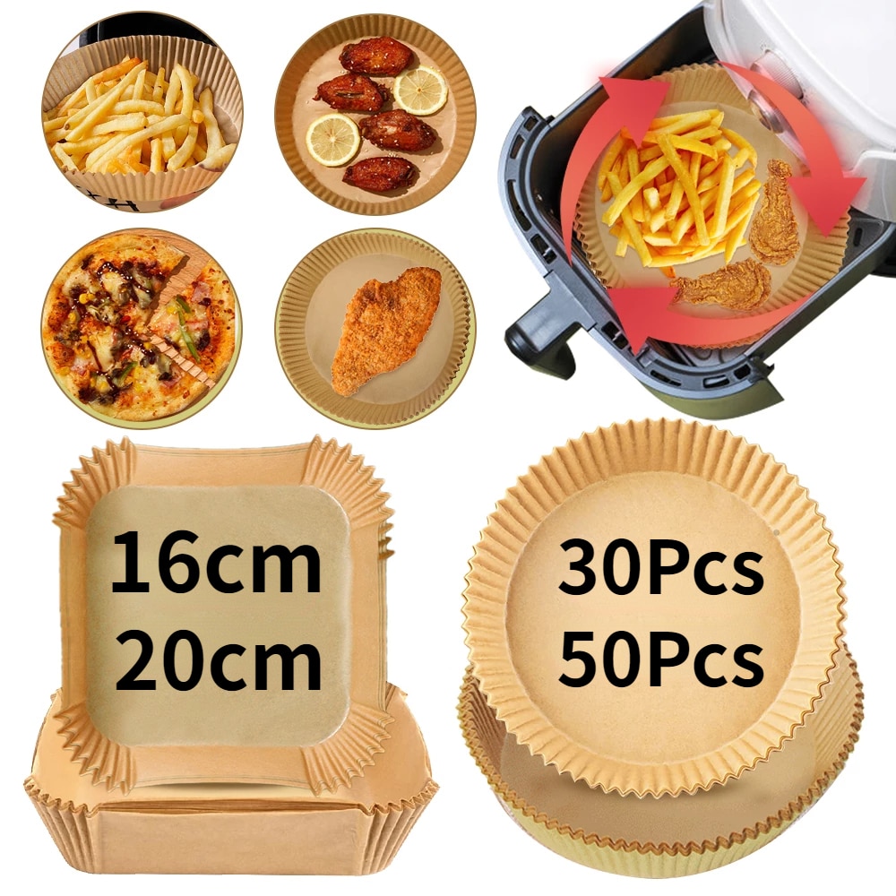 50PCS Round Baking Paper for Hot Air Fryer Non-Stick Oilproof Disposable  Paper Frying Pan Oven Microwave Accessories Non Porous Baking Trays  Waterproof Grease-Resistant & Heat Resistant 25pcs Brown 